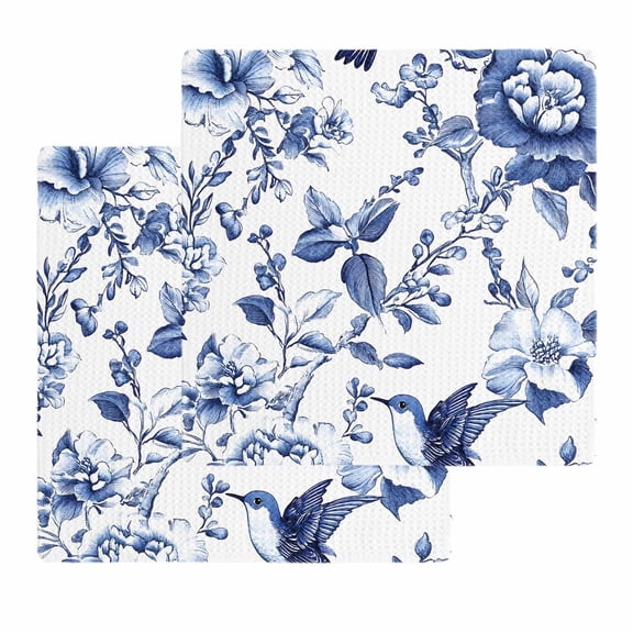 White Blue Spring Floral Kitchen Dish Towels for Drying Dishes Set of 2, Summer Botanical Hummingbird Waffle Weave Microfiber Hand Tea Bathroom Towels Quick Dry & Absorbent Towel 12x12