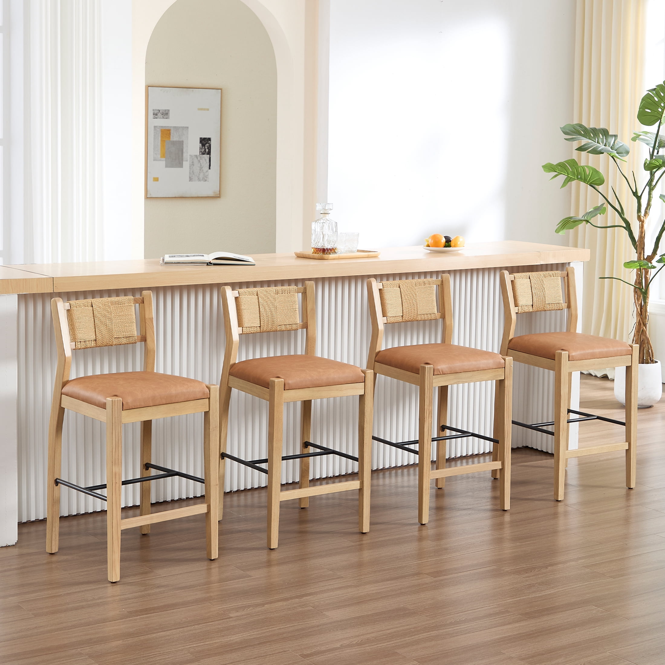Guyou 26" Rattan Barstools Set of 2, Boho Solid Wood Counter Height Bar Stools, PU Upholstered Kitchen Island Chairs for Dining Room Bar, Brown