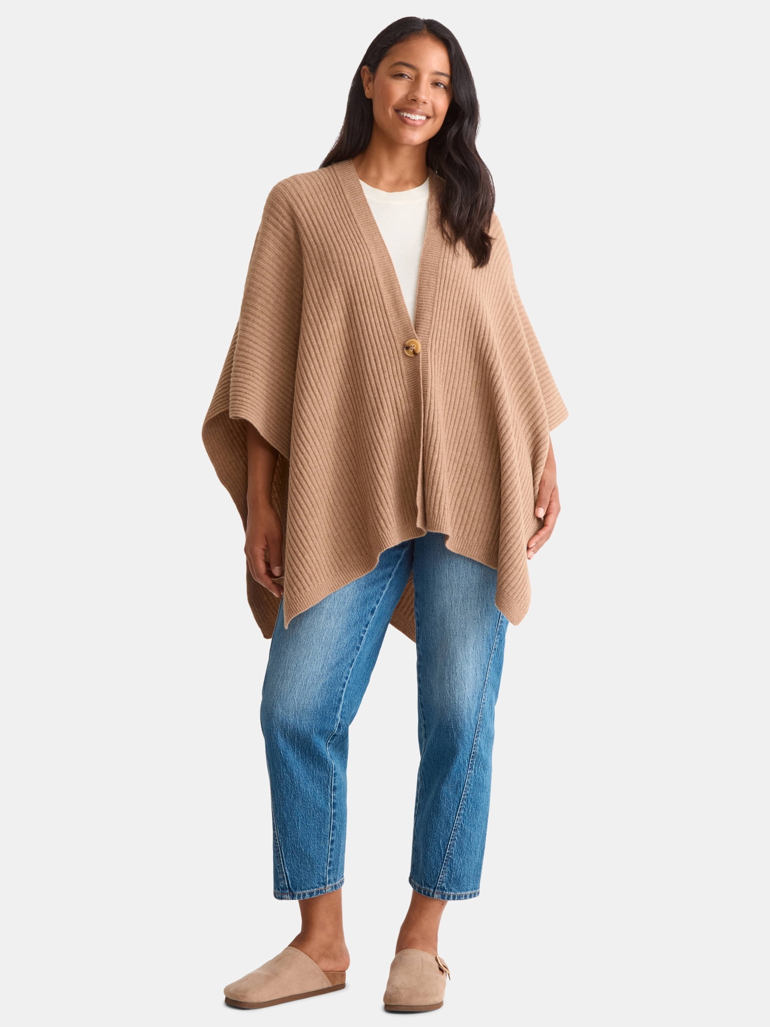 Time and Tru Women's Rib Knit Fashion Coverup with Button, One Size, Tan