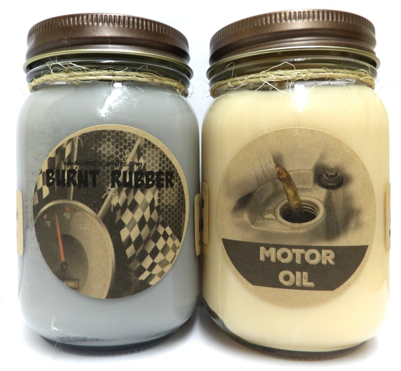 COMBO Burnt Rubber and Gun Powder Set of TWO 16oz Country Jar Soy Candles Grea
