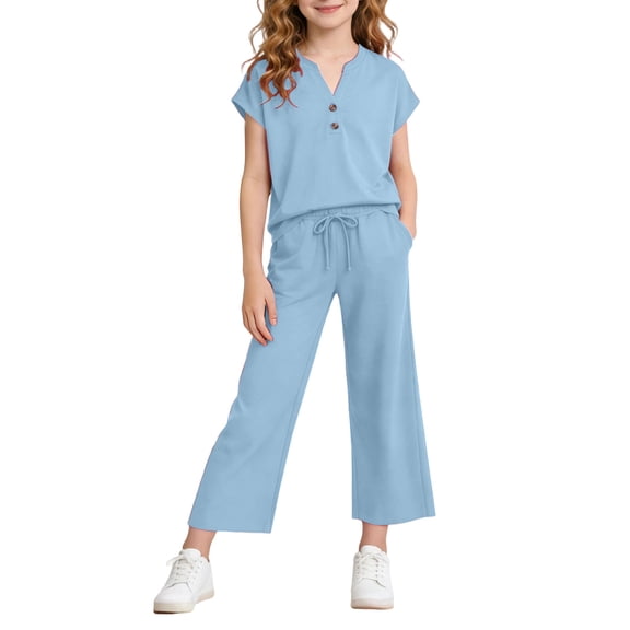 NAISIBABY Girls Outfit Sets 2-Piece, V-Neck Short Sleeve T-Shirt & Straight Leg Capri Pants Kids Fashion Clothes Blue Size 8