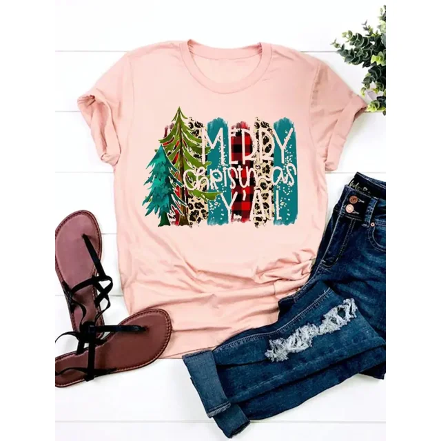 Camiseta con estampado para mujer, ropa bonita, Top de moda de Año Nuevo, Camisetas Básicas de manga corta con gráfico de Navidad