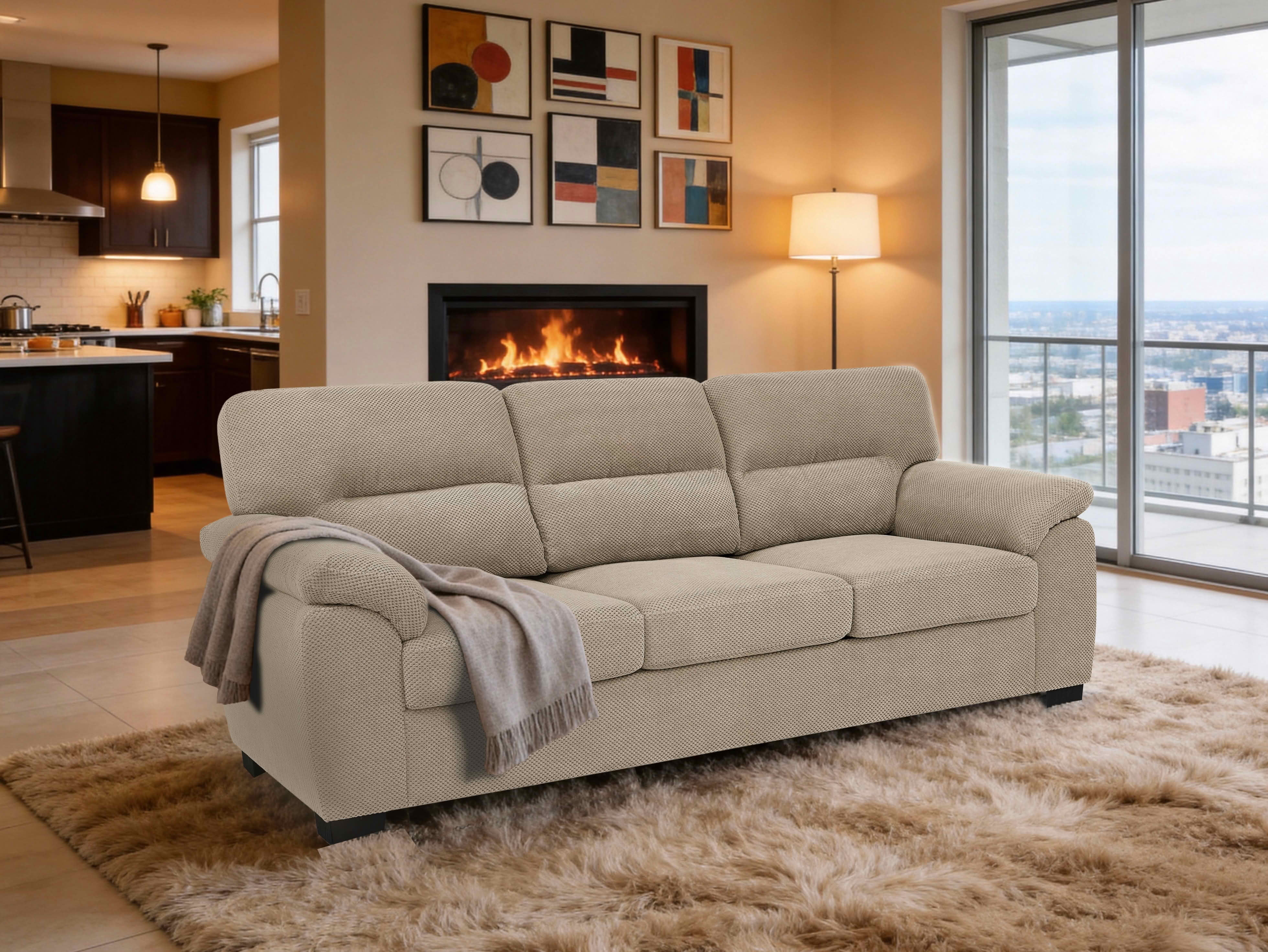 MAYEERTY 81 Inch 3‑Seater Sofa, Modern Textured Fabric Couch with Plush Track Arms & Solid Wood Frame for Living Room