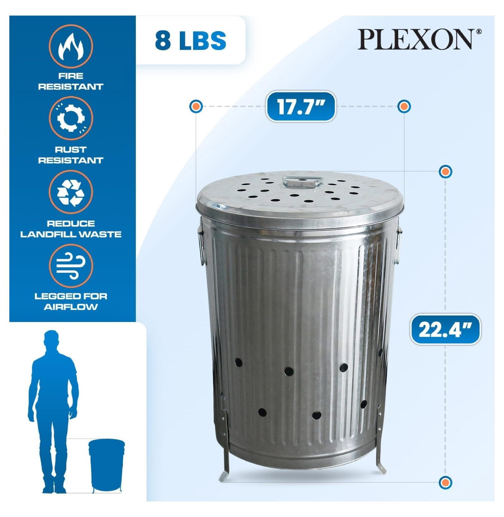 Incinerator Burn for Outside for Burning Trash Leaf - Metal Burn Can Cage Bin Container - Fire Can Paper Burner Outdoor, Lid and Ventilation Holes, Galvanized Steel, 20 Gallon