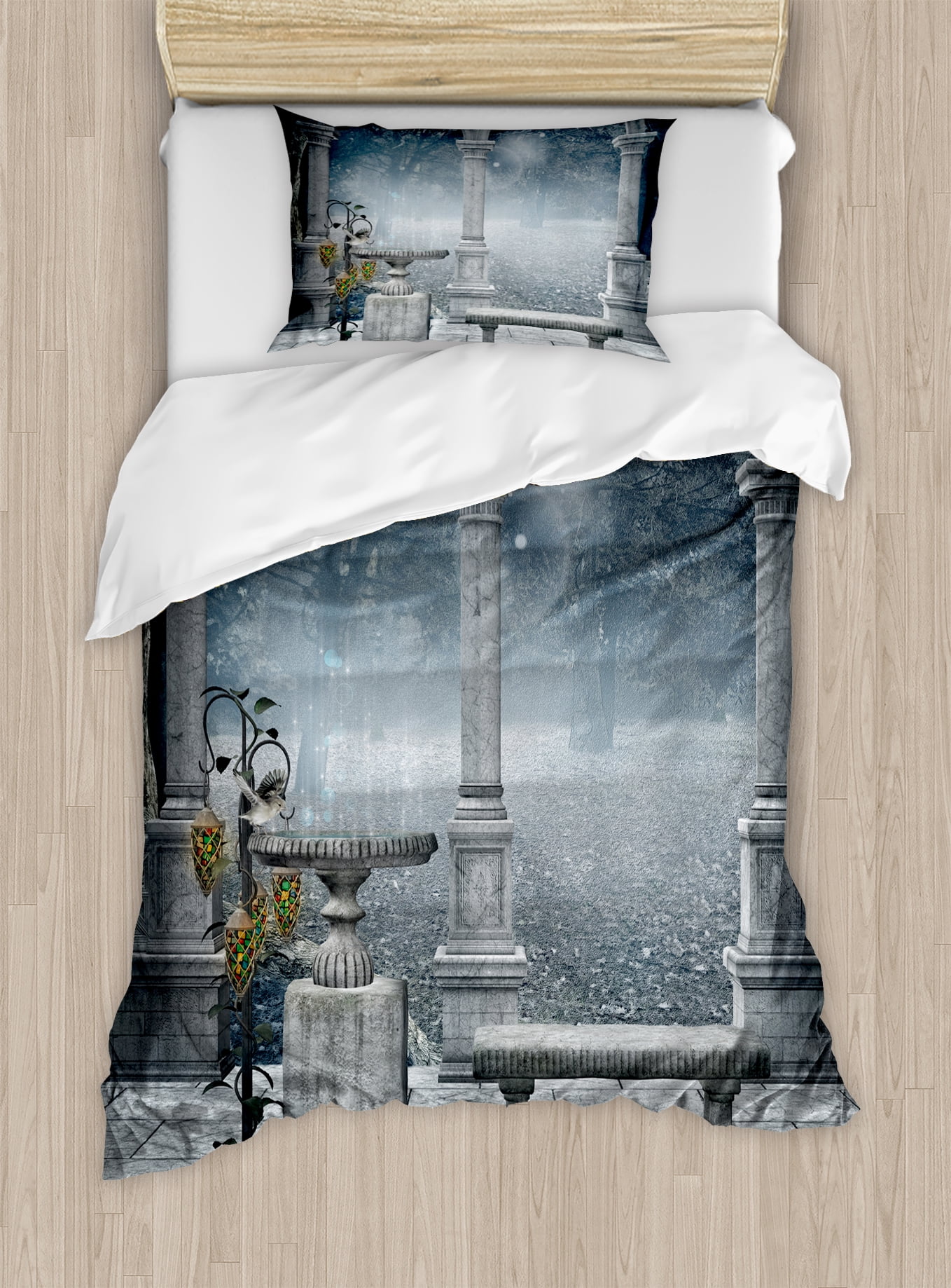 Gothic Duvet Cover Set Fictional Middle Age Mythical Stone Bench