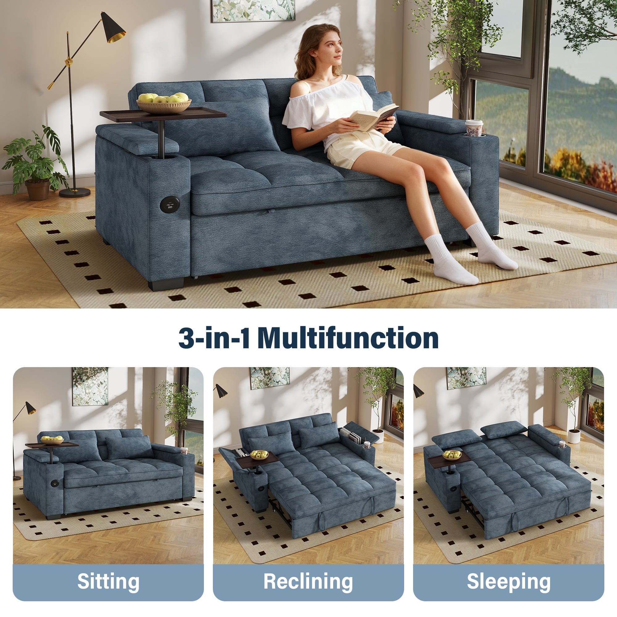 Aukfa 65"W Convertible 3-in-1 Sofa Bed with Storage, Queen Chenille Sleeper Couch with USB/Type-C Ports & Rotating Side Table,Blue