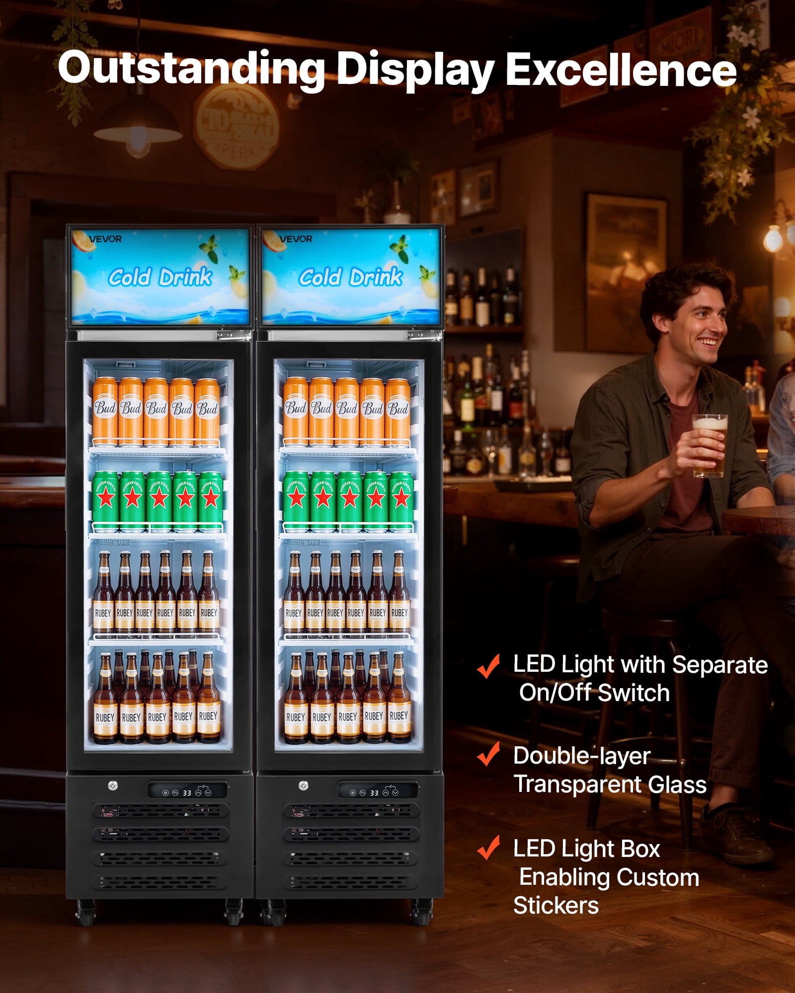 VEVOR Commercial Merchandiser Refrigerator, 6.1 Cu.Ft / 173 L Glass Door Display Refrigerator, Upright Beverage Cooler with Customizable Lightbox,3 Adjustable Shelves & Soft LED Light for Homes Shops
