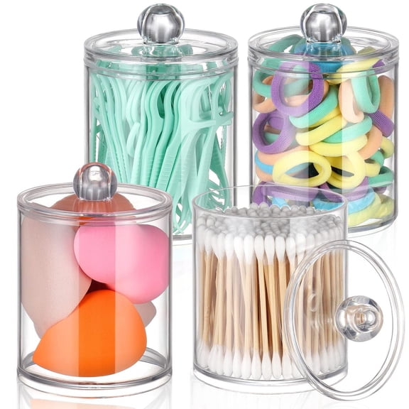 4 Pack Qtip Holder - Restroom Bathroom Organizers and Storage Containers,- 10 oz Clear Plastic Apothecary Jars set with Lids for Organizing Cotton Pads,Swabs,Balls,Floss