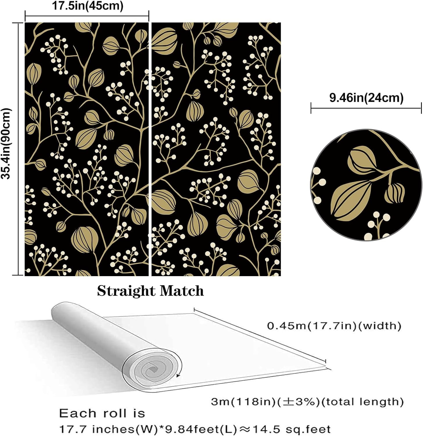 Abyssaly Black Peel and Stick Wallpaper 17.7" x 118" Self-Adhesive Floral Wallpaper Vintage Wallpaper Removable Wallpaper Covering for Home Decoration Bedroom Kitchen Closets