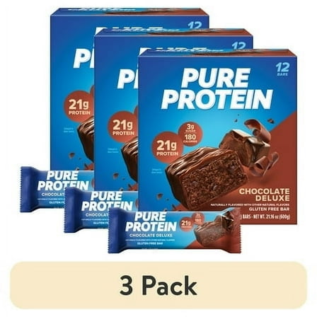 (3 pack) Pure Protein Chocolate Deluxe Bar, 20g Protein, Low Sugar, 12 Count