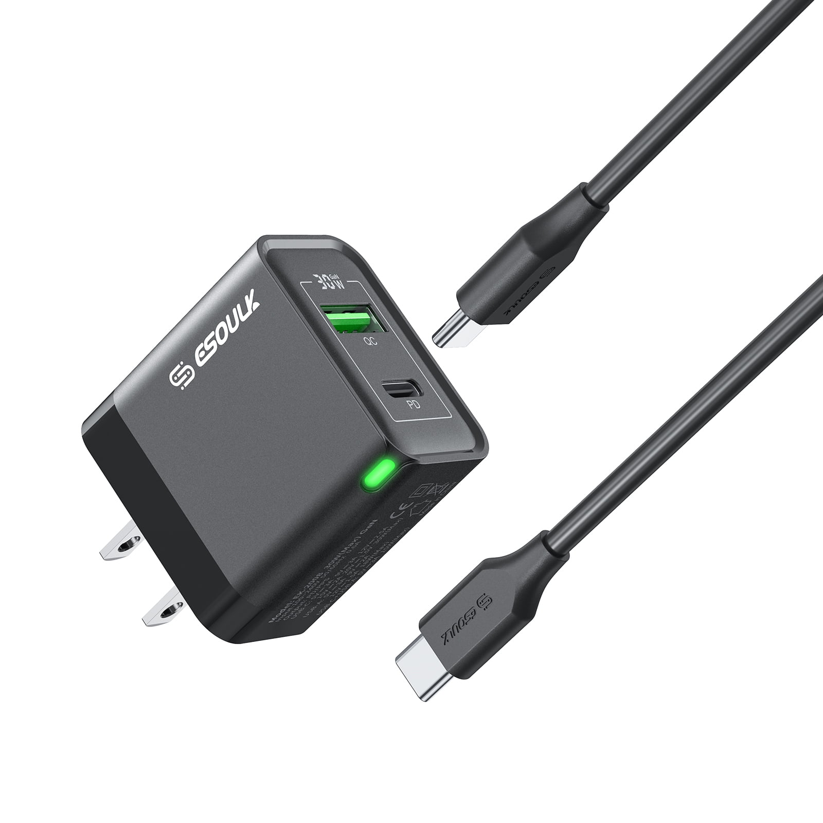 30W USB-C GaN PD 3.0 Power Delivery + 18W Quick Charge 3.0 Fast Wall Charger + USB-C Cable - Black