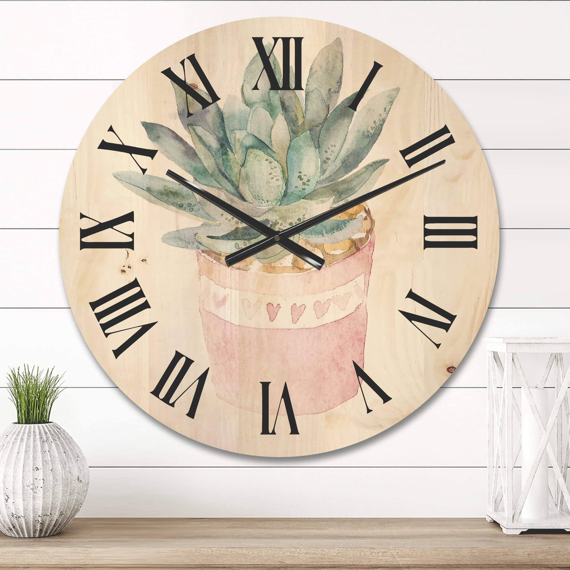 Designart 'Succulent and Cactus House Plants II' Farmhouse Wood Wall Clock