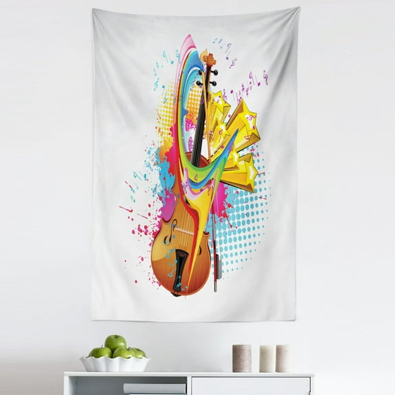 Cello Tapestry, Creative Colorful Illustration of Musical Notes String Instrument and Splashes, Fabric Wall Hanging Decor for Bedroom Living Room Dorm, 5 Sizes, Multicolor, by Ambesonne