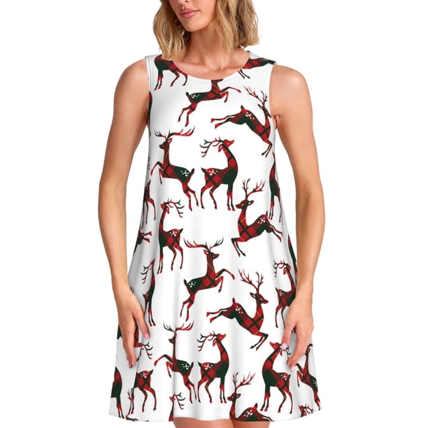 Fotbe Christmas Plaid Moose Vestido de Verano sin Mangas para Mujer – Vestido Midi Línea A, Estilo Camiseta Floral, Vestido Playero Casual y Fluido