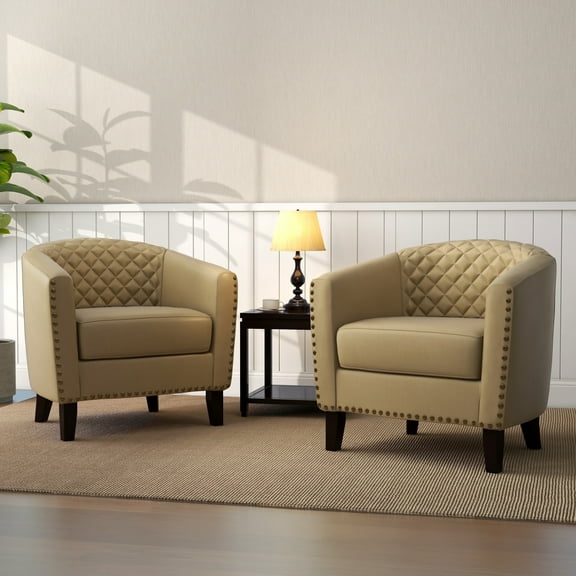 UIXE Accent Chairs Modern Upholstered Armchair Comfy Faux Leather Single Sofa, Beige, Set of 2