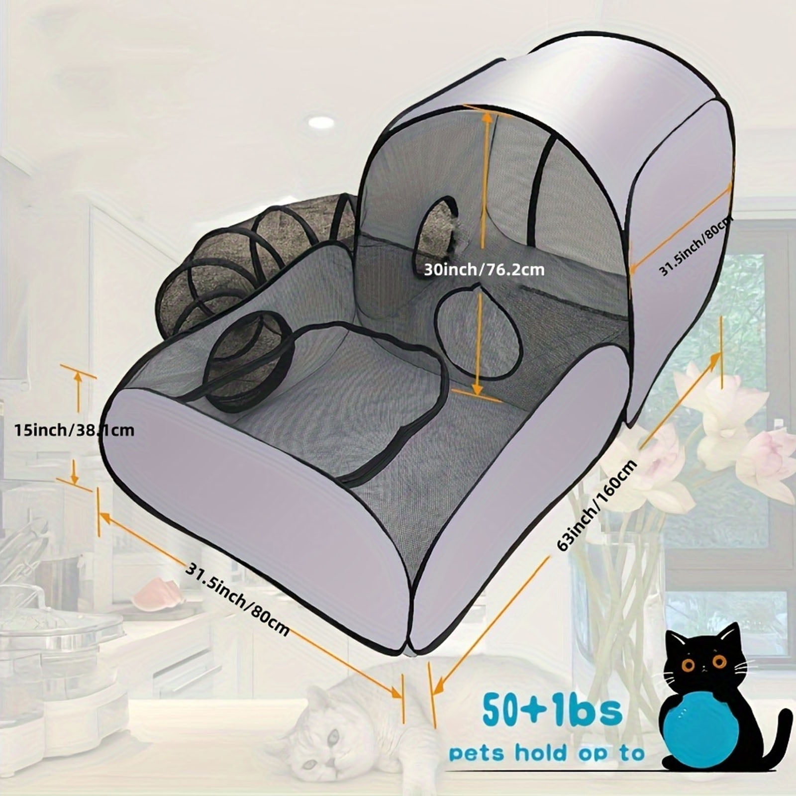 Portable Pet Playpen with Surround Tunnel, 2-Linked-Enclosed Areas Outdoor Cat Enclosure, Outdoor/Indoor Cat Playpen with Breathable Soft Sides, Cat Tent for Small Animals