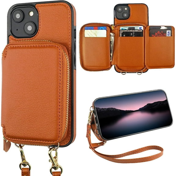 RFID Blocking Wallet Case for iPhone 14 Plus, Adjustable Crossbody Zipper Purse Case Card Holder with Kickstand Detachable Wrist Strap, PU Leather Flip Folio Case 6.7 Inch 5G (Brown)