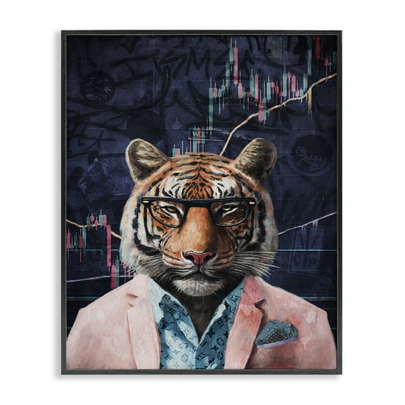 Stupell Industries Trendy Tiger on Abstract Animals Painting Black Framed Art Print Wall Art, 11 x 14