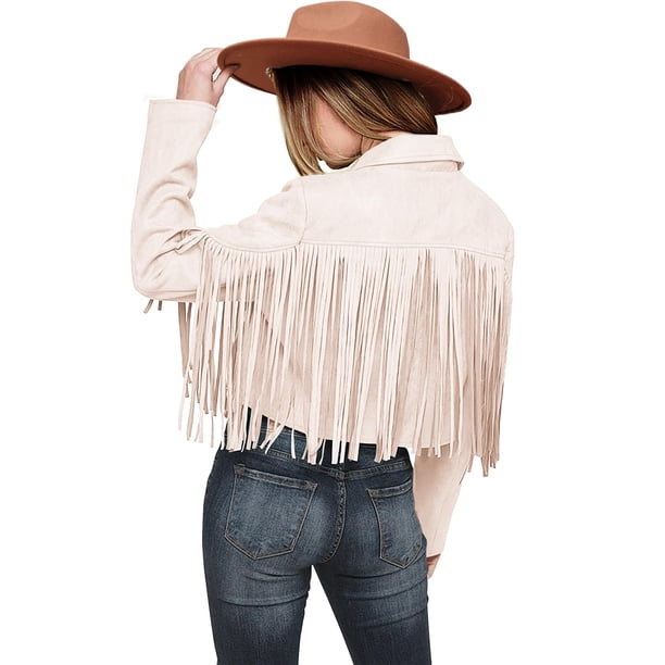 Chaqueta PRETTYGARDEN para Mujer de Gamuza Sintética con Flecos Beige Talla S