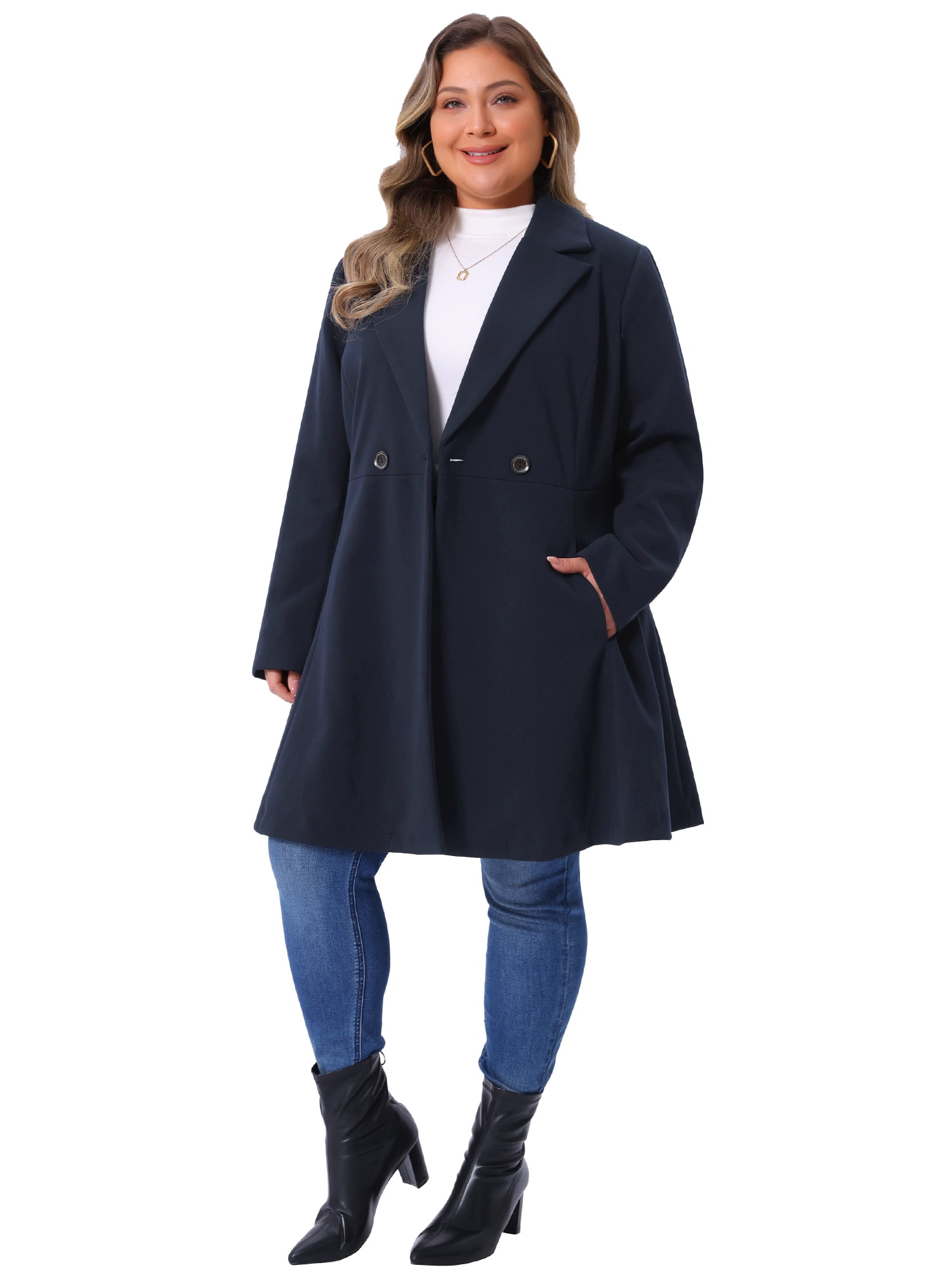 DARING DIVA Women's Plus Size A Line Notched Lapel Double Breasted Coat 2X Dark Blue