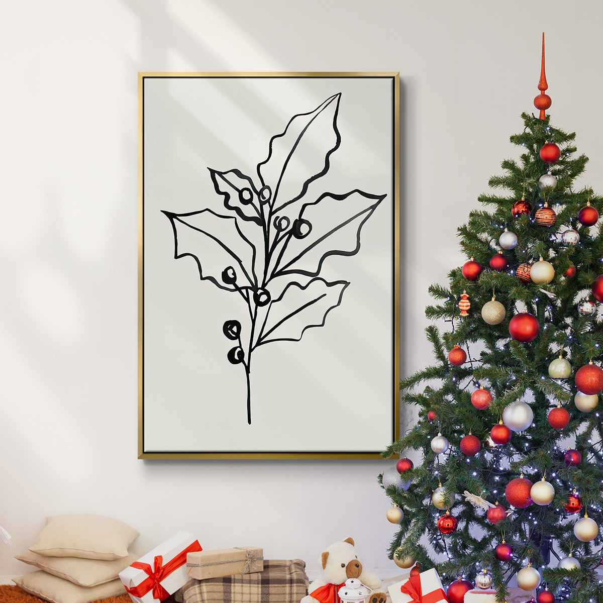 Evergreen Ink II - Framed Gallery Wrapped Holiday Canvas - 17 x 25 - Gold Frame