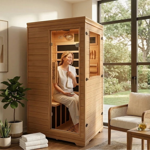 English: Single Person Home Far Infrared Wooden Sauna - 110V/1050W Energy-Efficient Carbon Fiber Heating, Premium Natural Wood with Digital Controller & Built-in Speakers