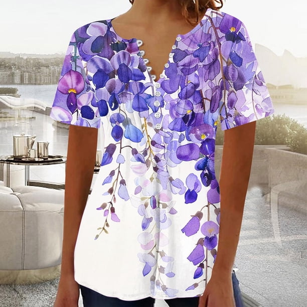 Fiudx Ofertas Del Día Blusa Superior de Manga Corta con Cuello En V y Botones Estampados Informales a La Moda para Mujer