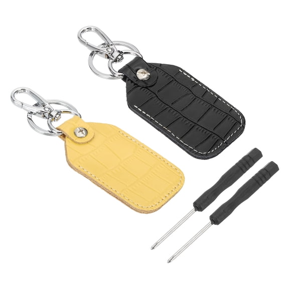 Uxcell Leather Key Fob, 2 Pcs Genuine Leather Key Cover RFID Key Fob Protector Air Tag Holder Keychain Case with Key Ring & Screwdriver for Car Key ID Key Card Black/Yellow