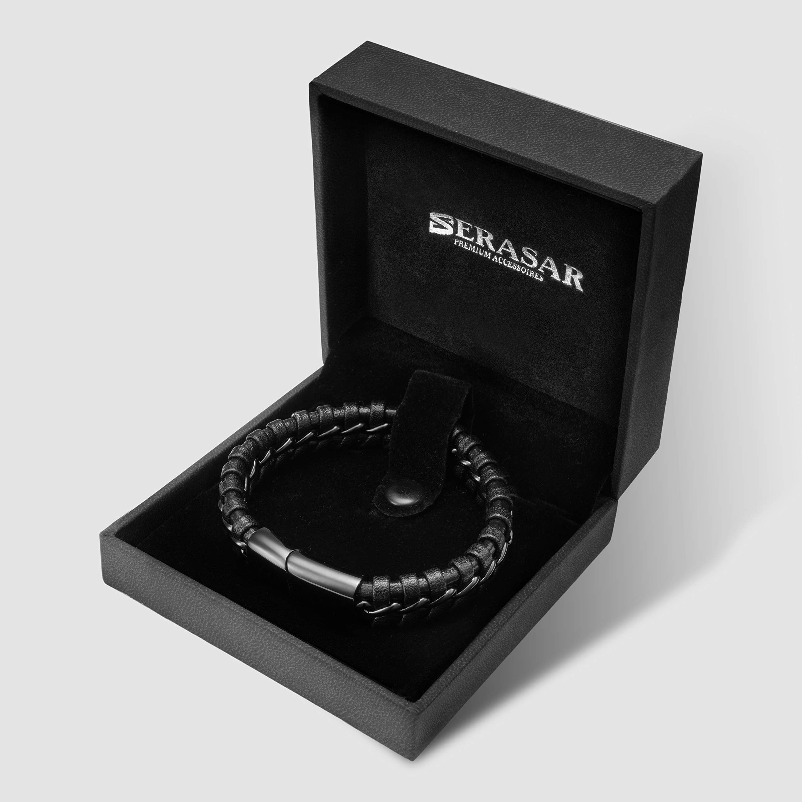 SERASAR Leather Bracelet for Man "Joy" with stainless steel magnetic closure, Black 23cm, including gift box