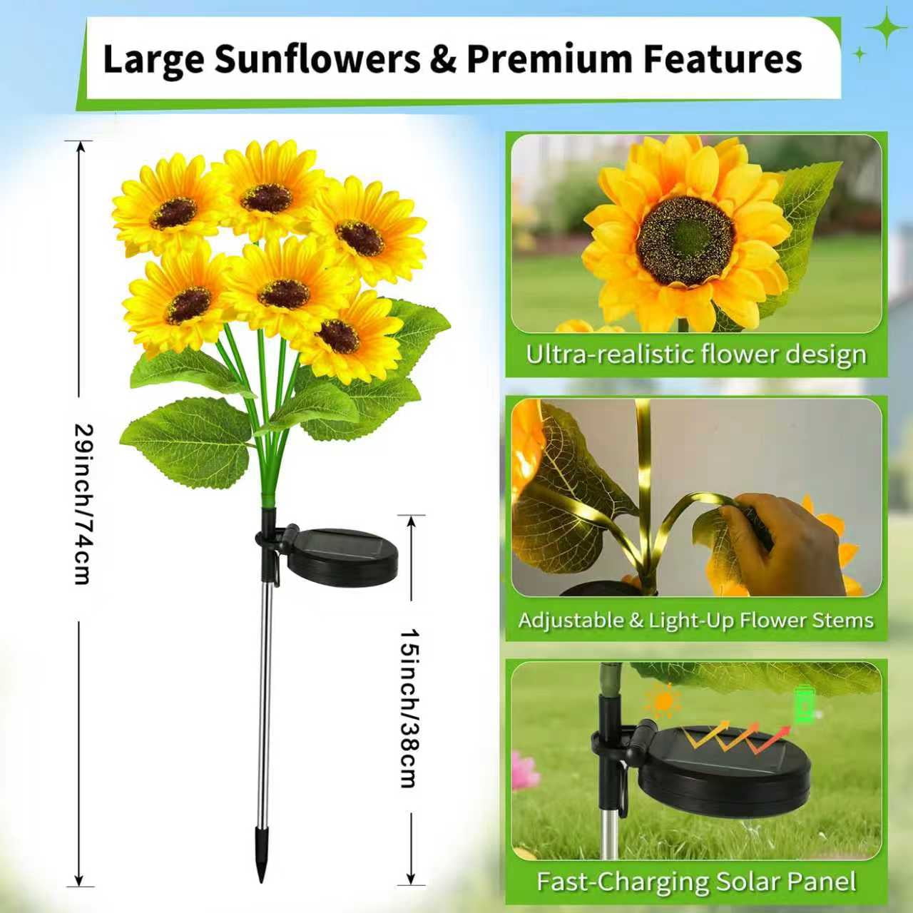 4 Pack with 24 Solar Sunflower Lights Outdoor Waterproof, Bright Solar Sunflower Lights for Lawn Yard Pathway