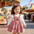 thumbnail image 2 of HCNTES Toddler Baby Girl Outfits Long Sleeve Bow Ribbed Romper Suspender Skirts 3Pcs Outfits Birthday Girl Outfit, 2 of 7