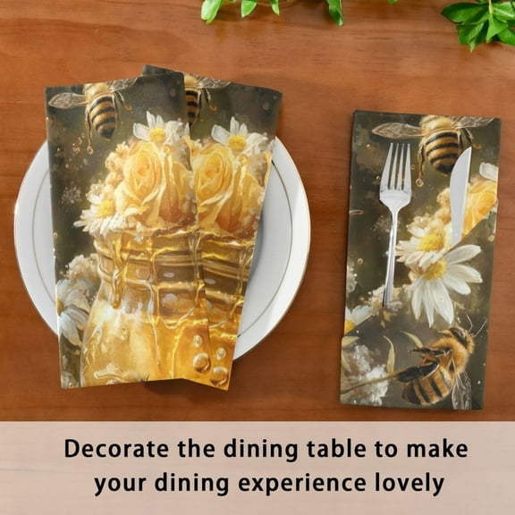 BZSMCE Satin Native Fab Cotton Dinner Napkin Bee Take Honey Painting Reusable