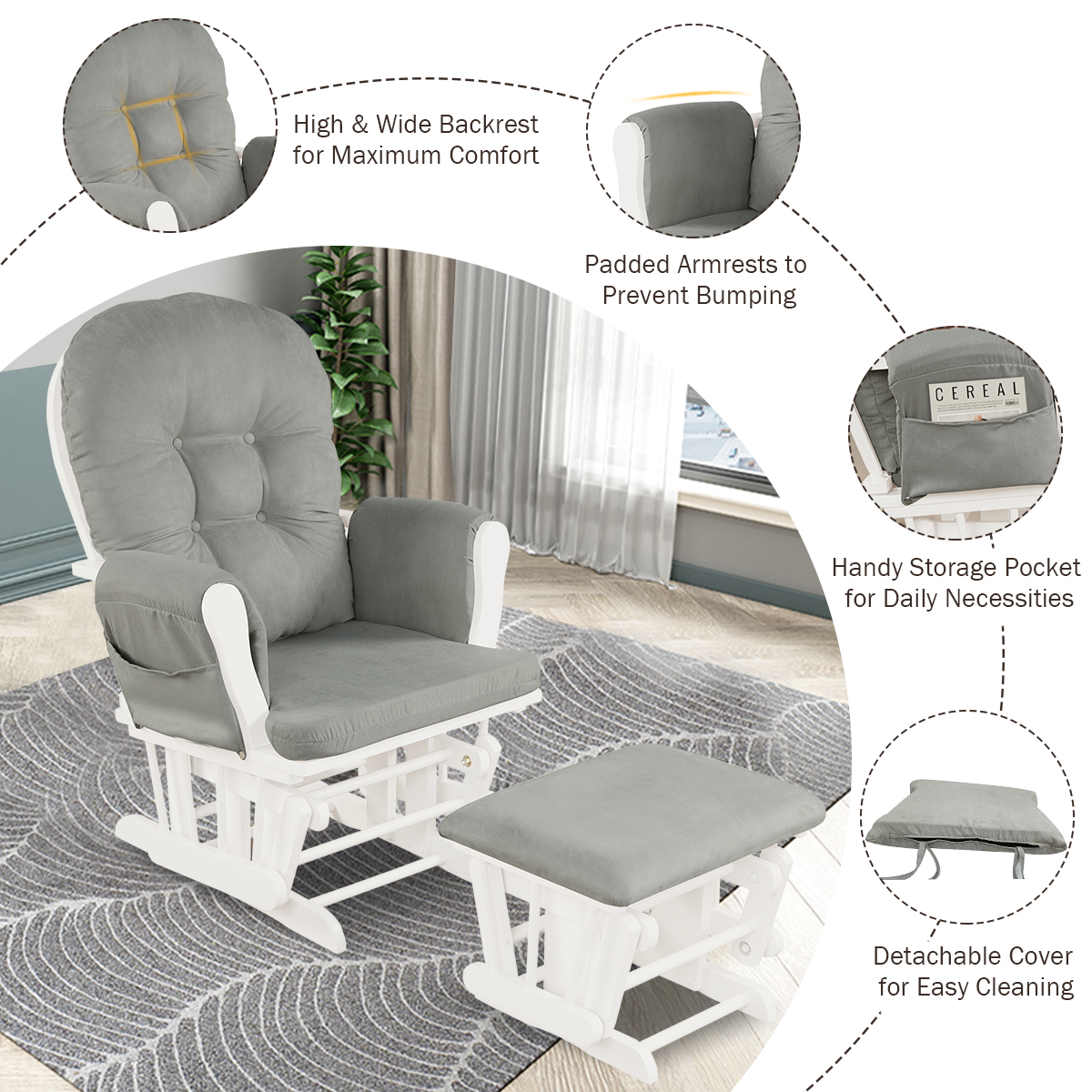 Infans Glider & Ottoman Cushion Set Wood Baby Nursery Rocking Chair Light Grey