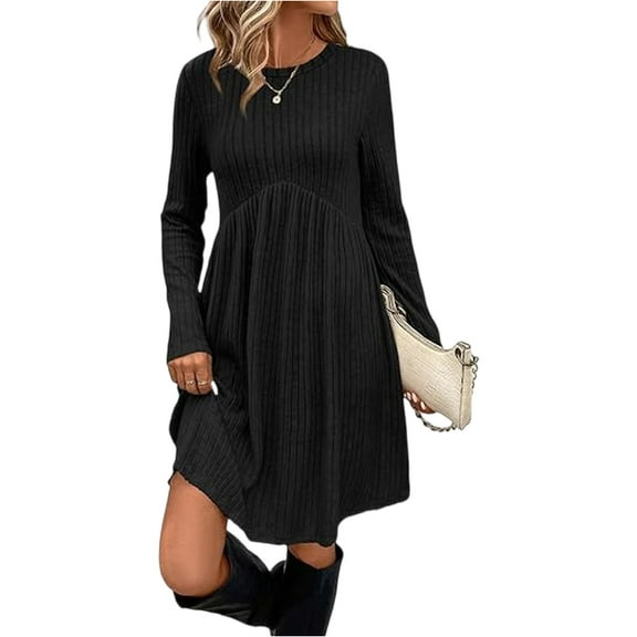 Long Sleeve Sweater Dress Fall Dresses 2025 Crew Neck Empire Waist Baby Doll Dresses Women Casual Dress with Pockets Gray S
