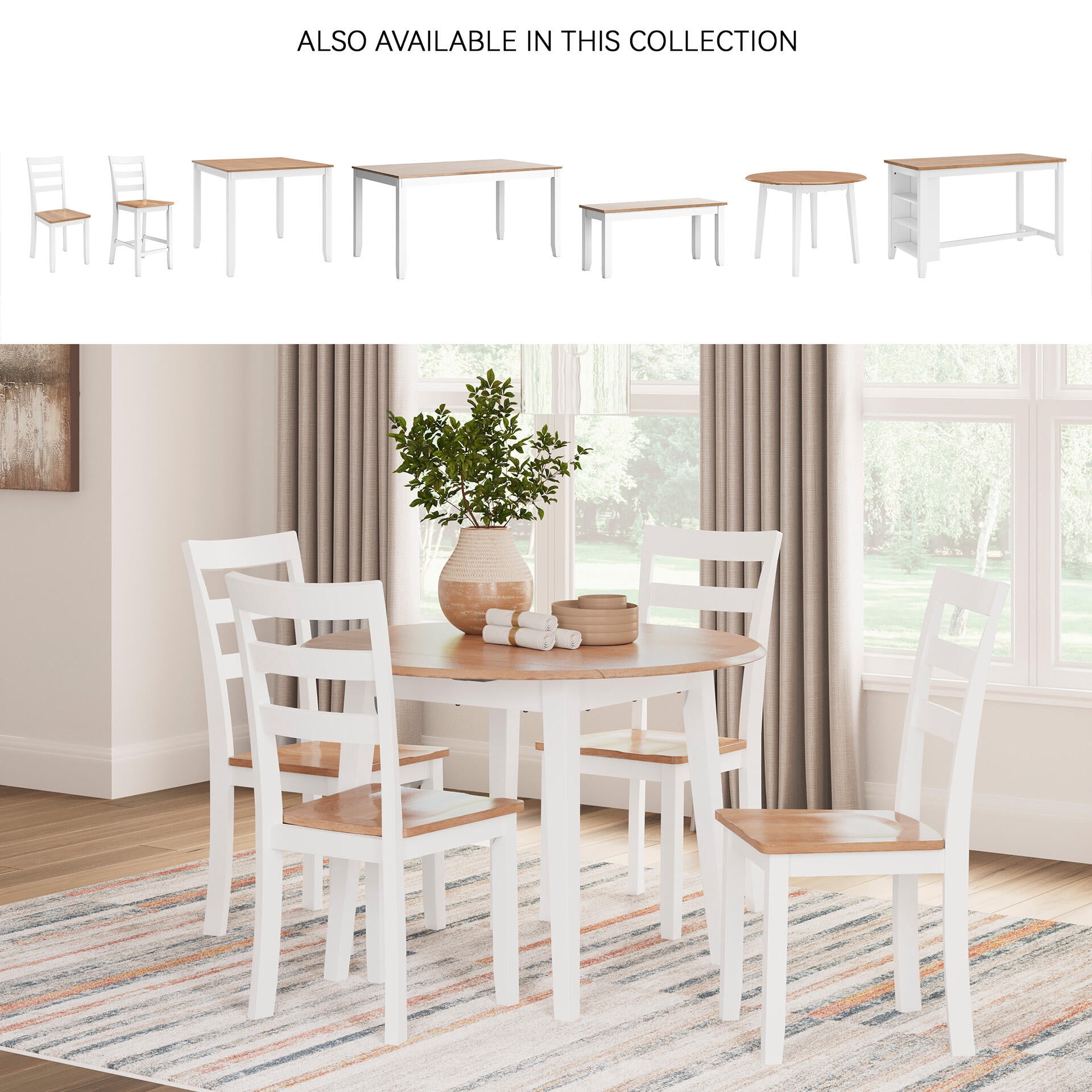 Signature Design by Ashley Gesthaven Round Drop Leaf Dining Table – Natural Wood & White Base, Space-Saving, Contemporary Kitchen & Dining Room Table