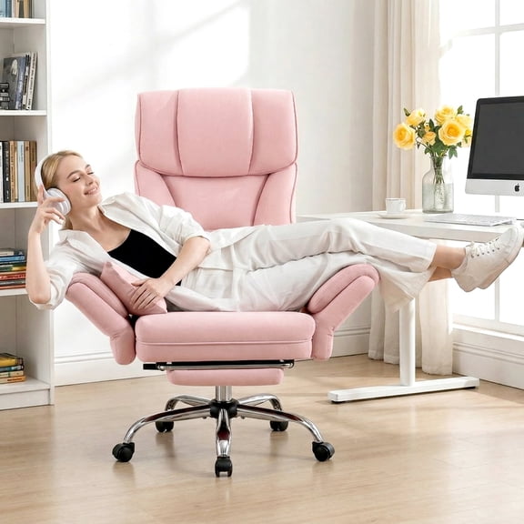Primy Cross Legged Big and Tall Office Chair with Footrest & Convertible Armrests, 500LBS velvet Home Desk Chair, Ergonomic Recliner with Lumbar Pillow, Criss Cross Soft-Cushioned Executive Chair