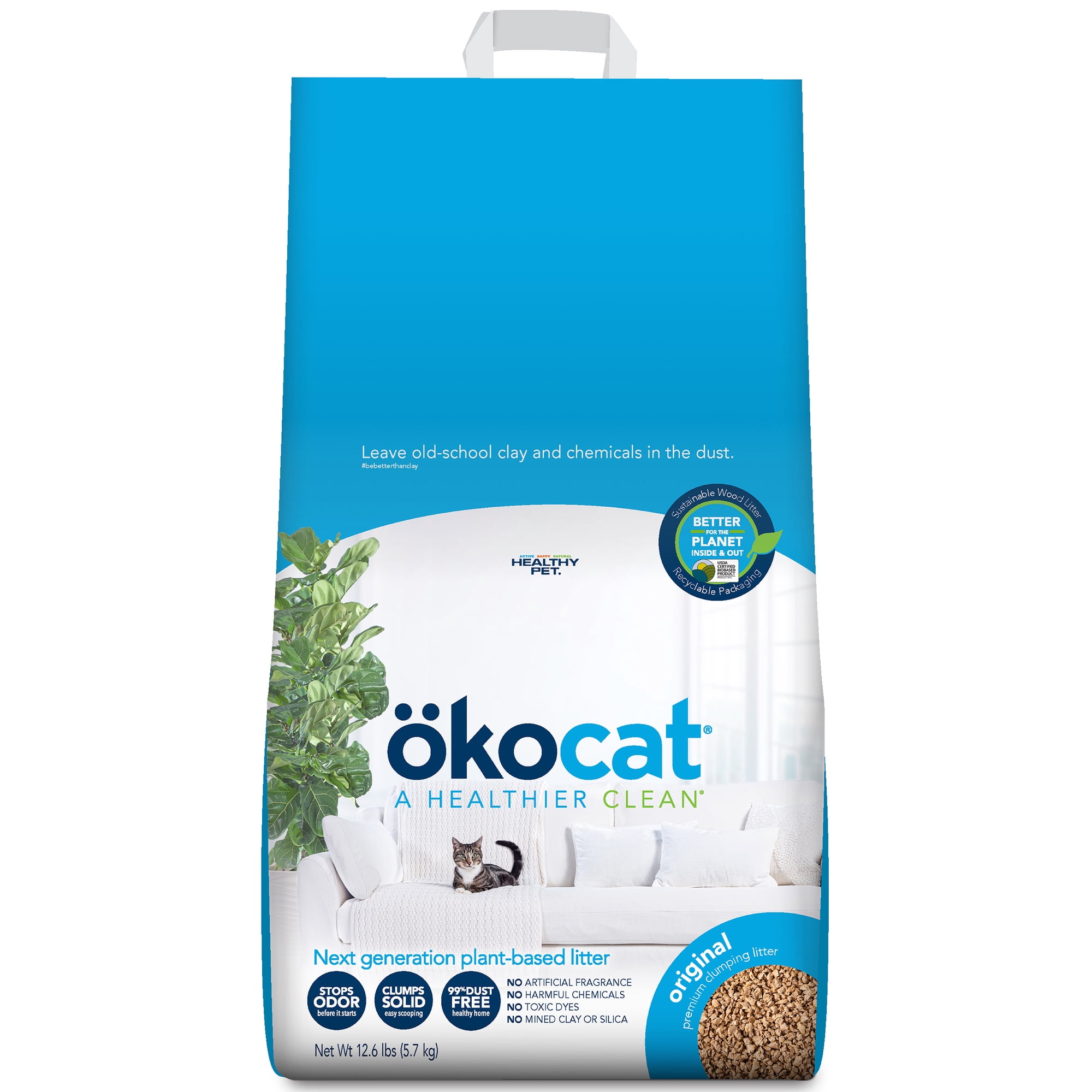 okocat Original Wood Natural Clumping Cat Litter, Dust Free, 12.6 lb. Lasts 2+ Months