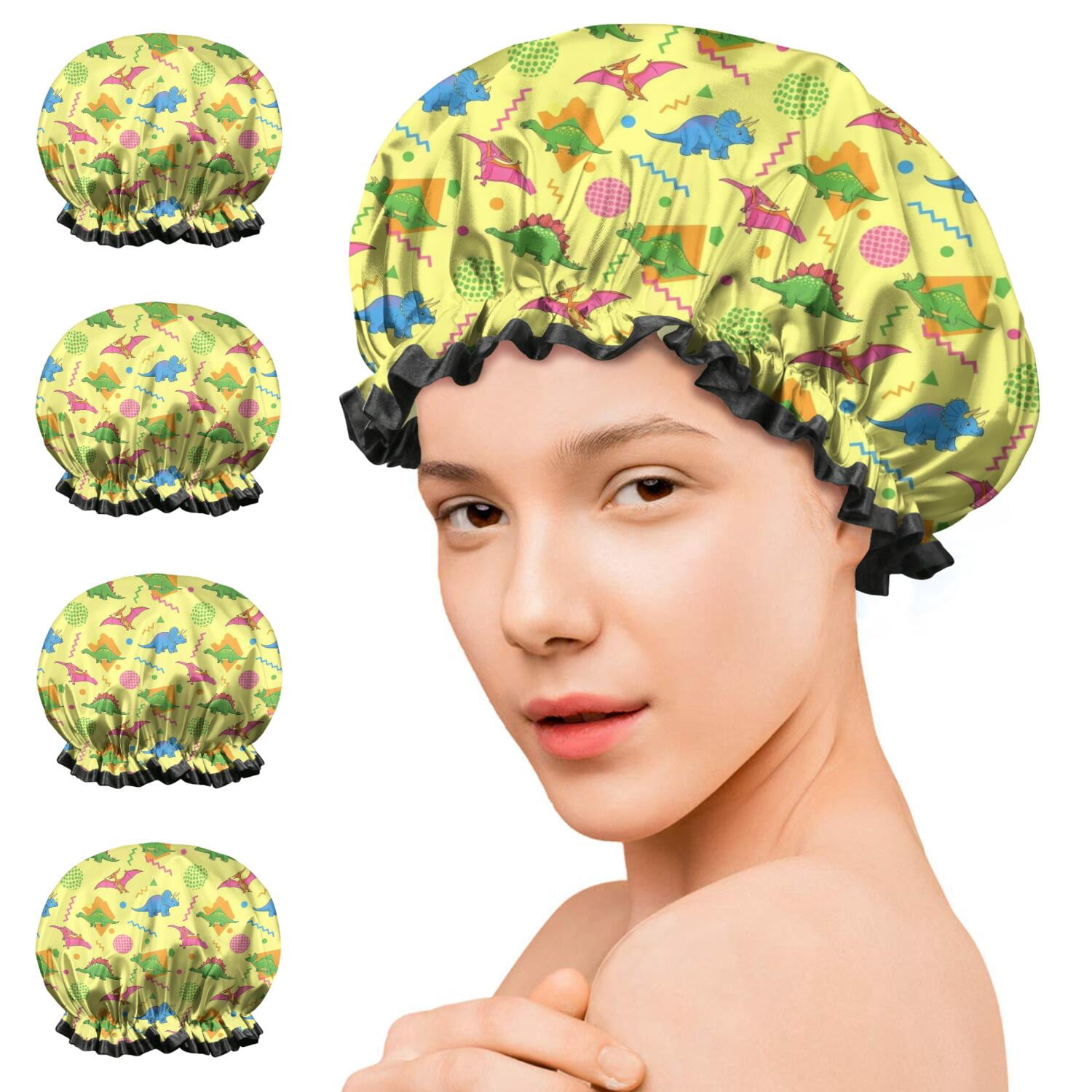 Shower Caps,Yellow Dinosaurs Geometric Pattern Waterproof Shower Cap for Women 4 Pieces,Double Reusable Hair Cover for Shower PEVA Elastic Stretch Hem