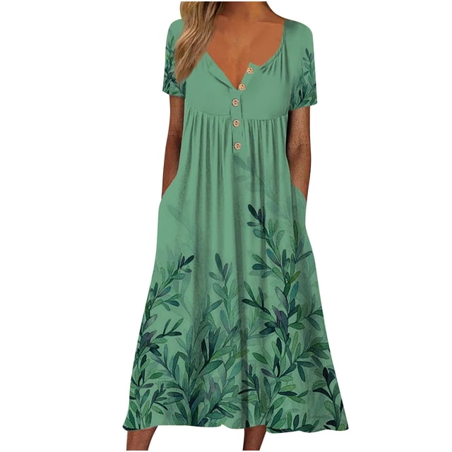 Robe d'Été Décontractée pour Femmes, Robe d'Été pour Femmes, Mode d'Été Imprimée Décontractée Col en V Boutons Manches Courtes Poches Robe de Vacances, Robe d'Été Décontractée, Vestes pour Femmes Mode