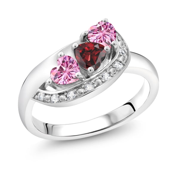 Gem Stone King 925 Sterling Silver Red Garnet and Pink Moissanite and White Created Sapphire Engagement Ring for Women (0.89 Cttw, Gemstone January Birthstone, Heart Shape 4MM, Size 5)