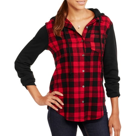 No Boundaries Juniors' Plaid Flannel Jacket with Hoodie - Walmart.com