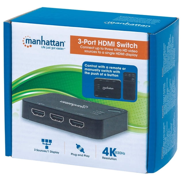 Switch HDMI 4K de 3 puertos Manhattan 4K@30Hz control remoto alimentación por USB