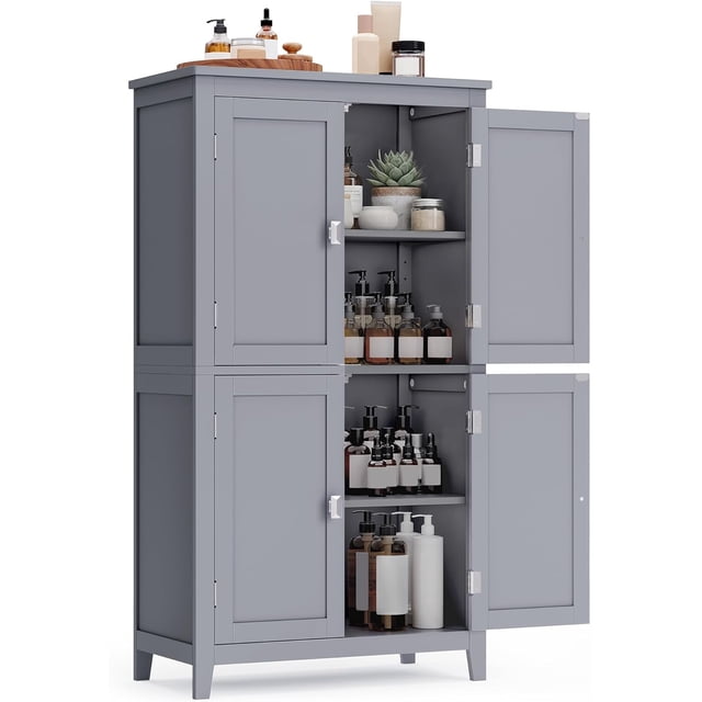 ZZJYY Floor Storage Cabinet, Freestanding Storage Unit with 4 Doors, Adjustable Shelves, 11.8 x 23.6 x 43.3 Inches, for Entryway, Bathroom, Dove Gray
