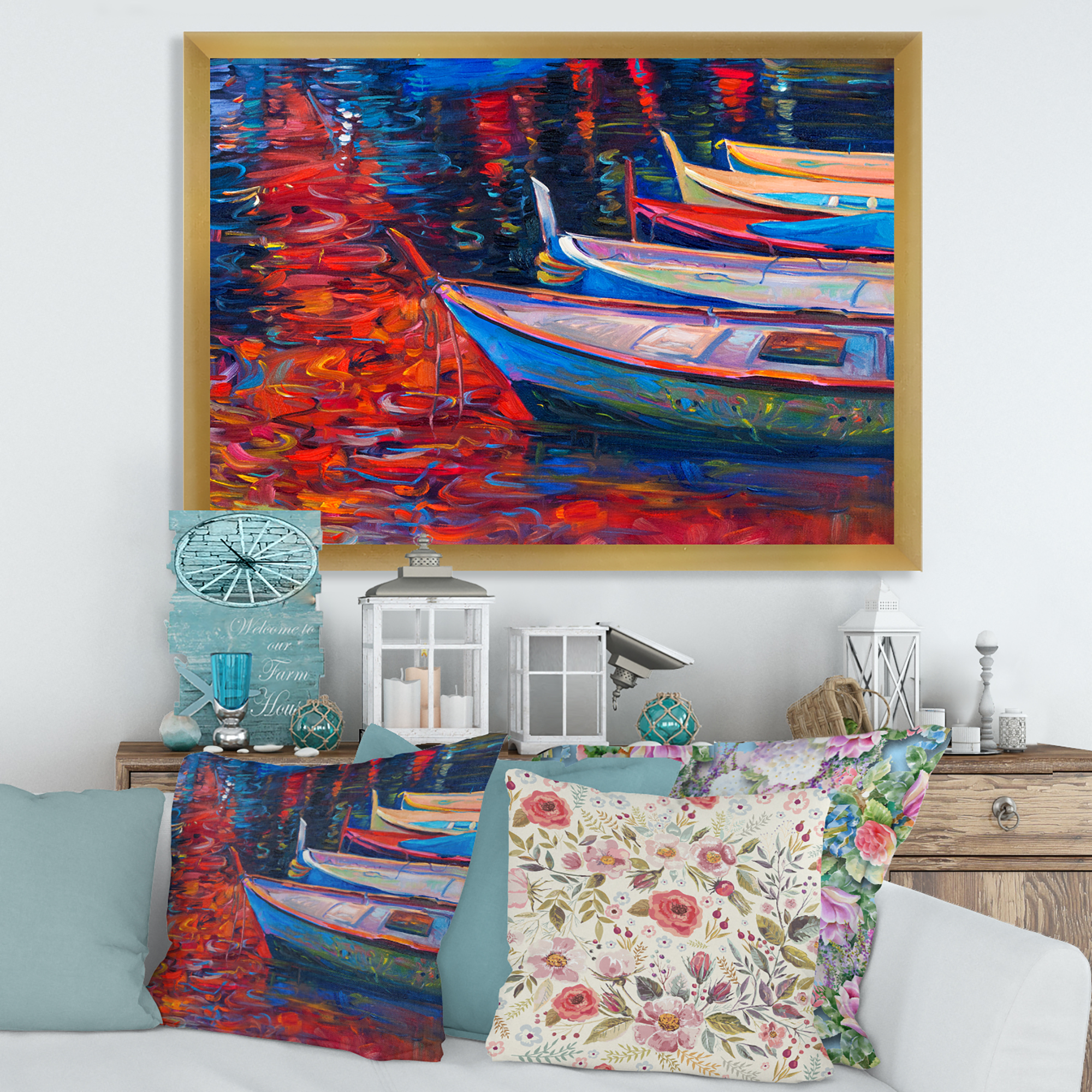 Boats During Warm Sunset Resting On The Water IX 40 in x 30 in Framed Painting Canvas Art Print, by Designart