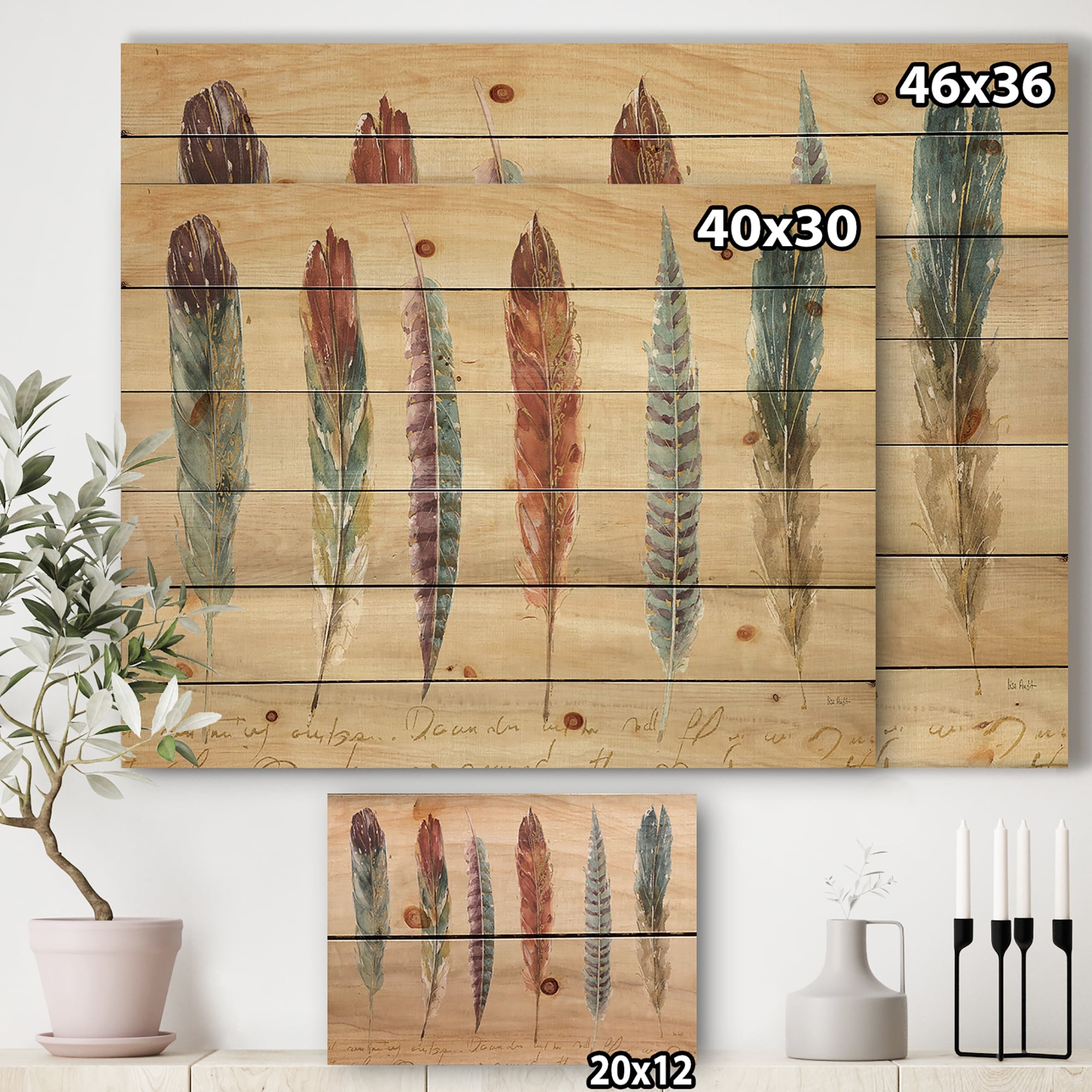 Designart 'Cottage Feathers Family III' Lake House Print on Natural Pine Wood