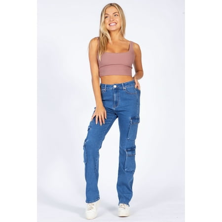 Lilac Sunset Women’s High-Rise Straight Leg Cargo Jeans, Classic Fit, Medium Blue, Juniors Sizes 1–15