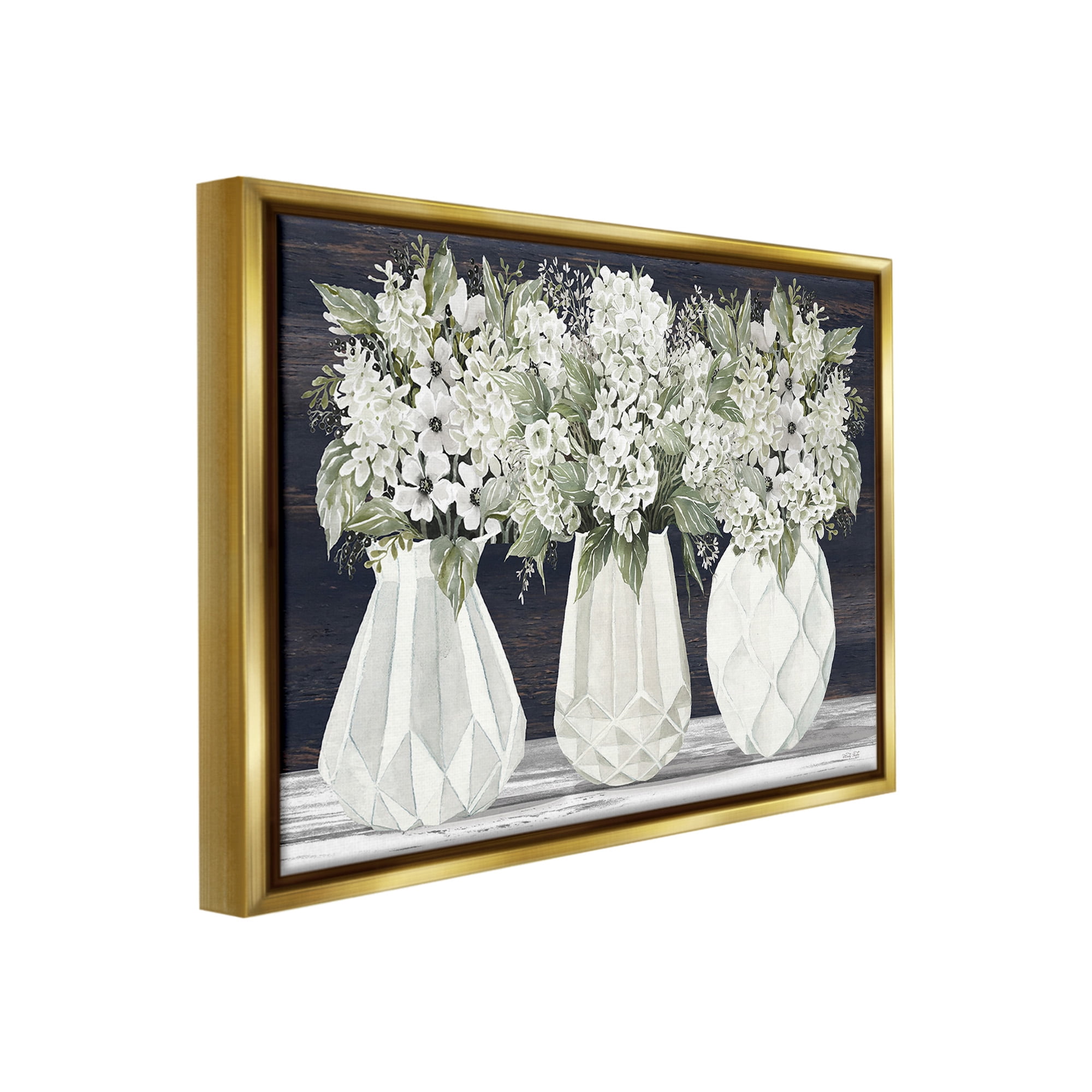 Stupell Industries Flowers in Geometric Vases Botanical & Floral Painting Gold Floater Framed Canvas Art Print Wall Art, 21 x 17