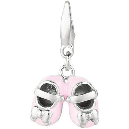 Women's Sterling Silver Pink Mary Jane Baby Shoes with Bows Clip-On Charm