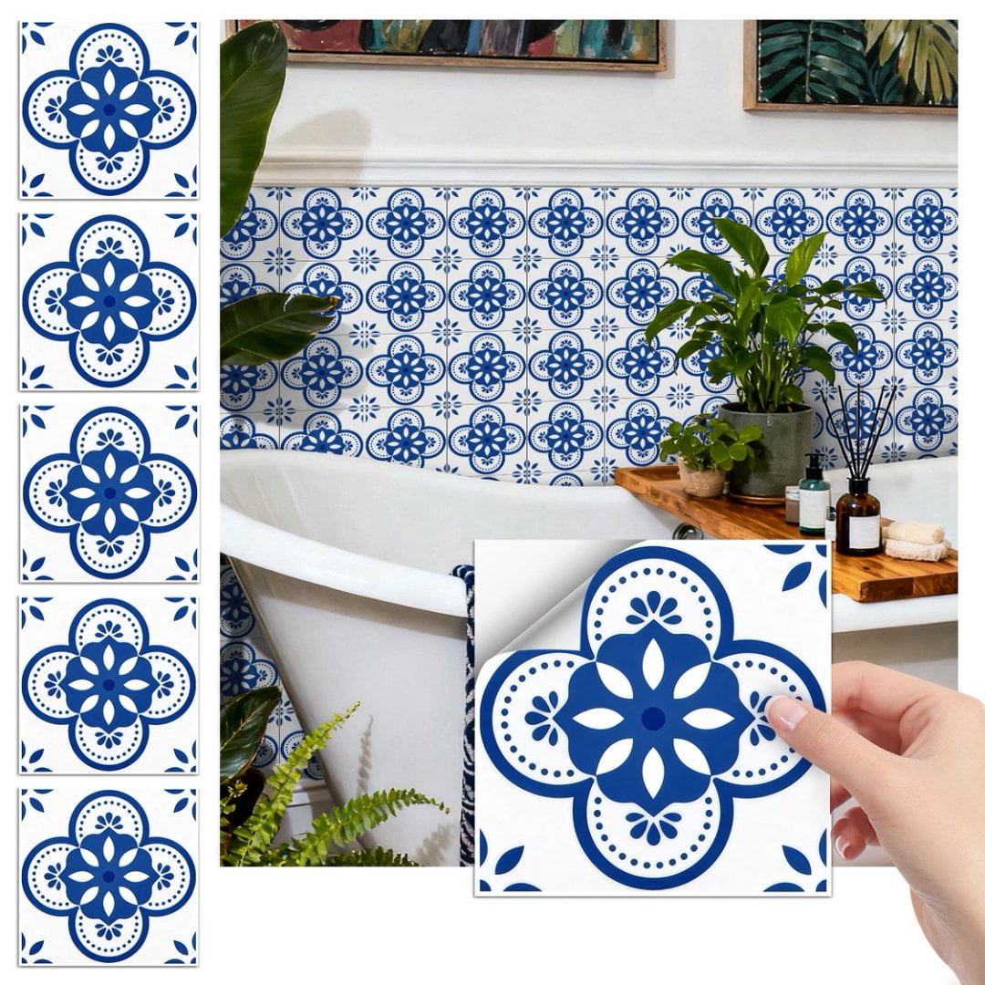 24Sheets Matte PVC Tile Sticker Waterproof Peel and Stick Backsplash 7.87" x 7.87" Blue White Flowers Wall Stickers Self Adhesive Decals DIY Decor