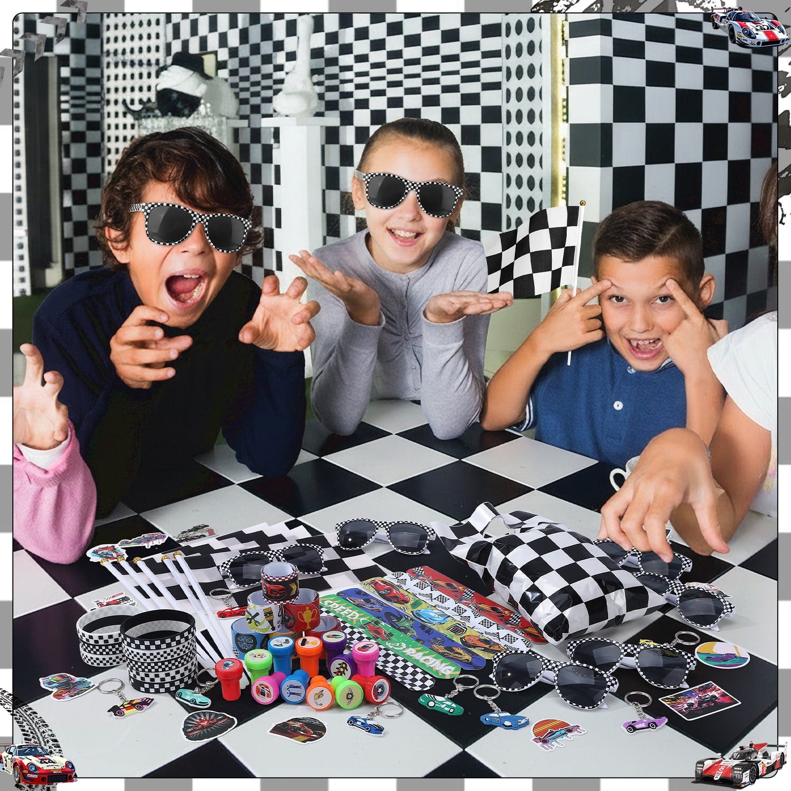 sixwipe 107 Pcs Race Car Party Favors Set, Car Themed Birthday Party Decorations, Goodie Bag Stuffer Pinata Filler with Racing Glasses and Flags, Cars Themed Favors for Wheel Birthday Decor